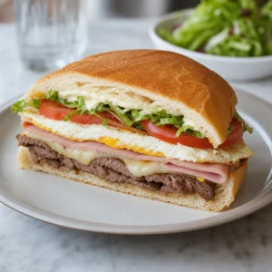 Finished chivito sandwich with steak, ham, cheese, egg, lettuce, and tomato