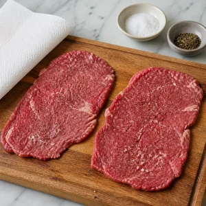 Seasoned thin steaks on a prep board