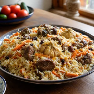 Готовый узбекский плов с бараниной, морковью, чесноком и рисом на блюде