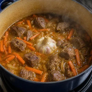 Основа из баранины и моркови тушится с целой головкой чеснока