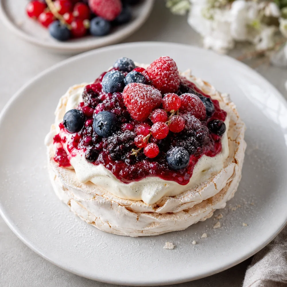 Fertiges Vacherin glace mit Vanillecreme und Beerenkompott