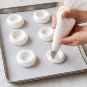 Baiser wird auf Backpapier-Kreise zu Nestern gespritzt