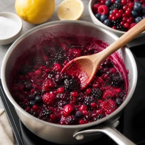 Gemischte Beeren koecheln mit Zucker und Zitronensaft zu Kompott