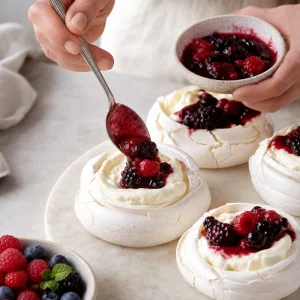 Vanillecreme in Baiser-Schalen gefuellt und mit Beerenkompott bedeckt