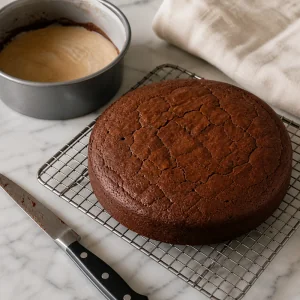 Baked chocolate cake cooling on a wire rack beside its pan
