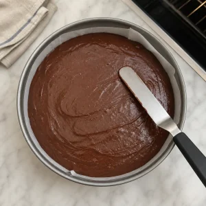 Chocolate cake batter smoothed in a parchment-lined round pan