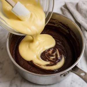 Egg yolk mixture being folded into a dark chocolate base