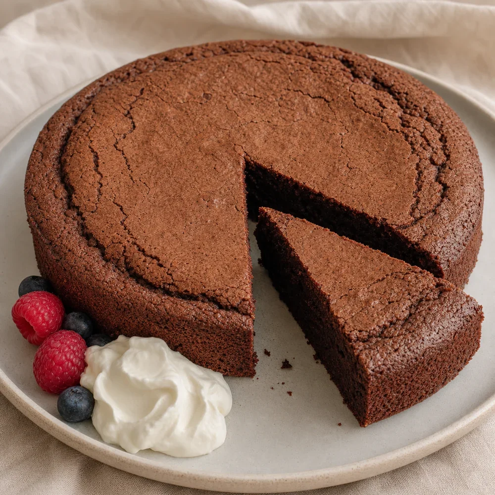 Finished French chocolate cake with a sliced wedge, whipped cream, and berries