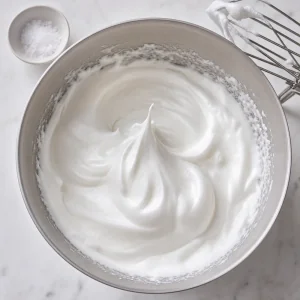 Glossy beaten egg whites holding firm peaks