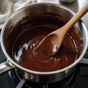 Glossy melted chocolate and butter in a saucepan