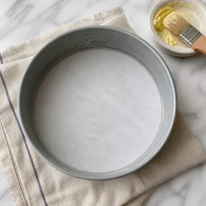Round cake pan greased with butter and lined with parchment