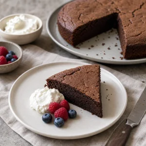 Slice of French chocolate cake served with whipped cream and berries