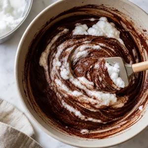 Whipped egg whites folded into chocolate batter with pale streaks