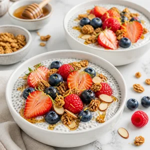 Boles de pudin de chia con frutos rojos, granola y almendras