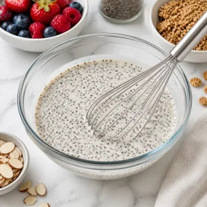 Semillas de chia batidas en una mezcla cremosa de vainilla y almendra