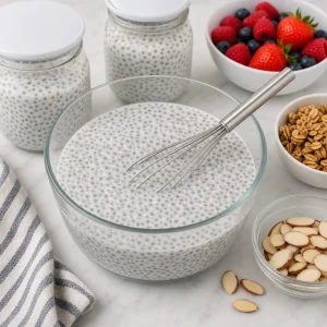 Pudin de chia cuajado en frascos con frutos rojos cerca