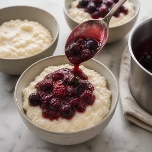 Berry sauce spooned over bowls of rice pudding