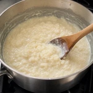 Creamy rice pudding thickening in the saucepan