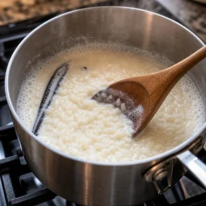 Rice pudding mixture simmering with a wooden spoon
