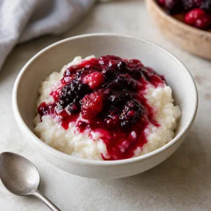Vanilla rice pudding topped with berry sauce