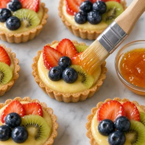 Apricot glaze brushed over fruit-topped tartlets