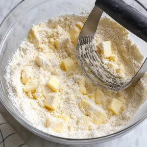 Cold butter being cut into flour for tartlet dough