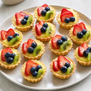 Finished fruit tartlets with vanilla custard, strawberries, blueberries, and kiwi