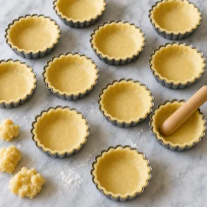 Mini tart pans lined with raw tart dough