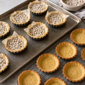 Mini tart shells lined with parchment and pie weights