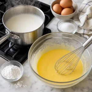 Steaming milk beside a bowl of pale yolk mixture