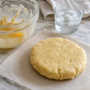 Tartlet dough shaped into a disk beside a bowl