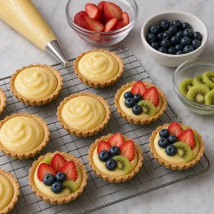 Tartlet shells filled with custard and topped with fruit