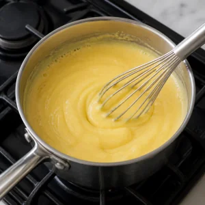 Thick vanilla custard being whisked in a saucepan