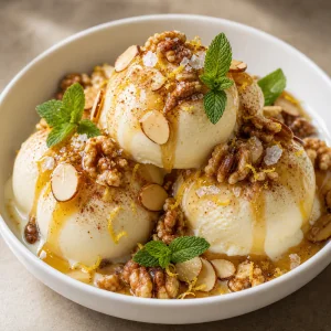 Fertiges Vanilleeis-Dessert mit Honig, Nüssen, Minze und Zitronenschale