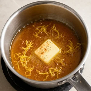 Honig, Butter, Zitronenschale und Zimt erwärmen sich im Topf