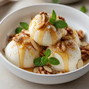 Eis mit Honig, gerösteten Nüssen, Meersalz und Minze