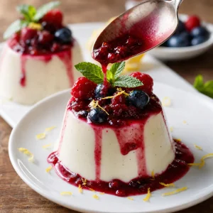 Kompot jagodowy nakładany na stężałą panna cottę z miętą