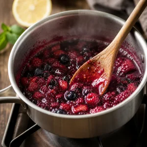 Kompot z mieszanych jagód delikatnie gotuje się w małym rondelku