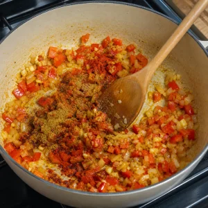Cumin chili powder and smoked paprika blooming over sauteed vegetables in the pot