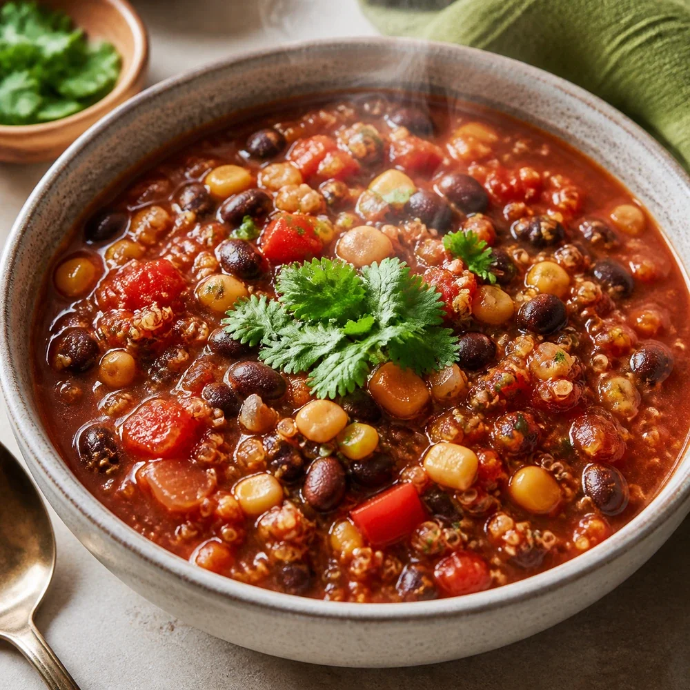Finished vegan black bean chili with quinoa, corn, tomatoes, and fresh toppings in a bowl