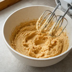 Cremig geschlagene vegane Butter mit Zucker in einer Schüssel