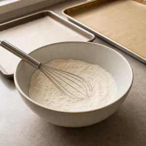 Mehlmischung in einer Schüssel neben belegten Backblechen