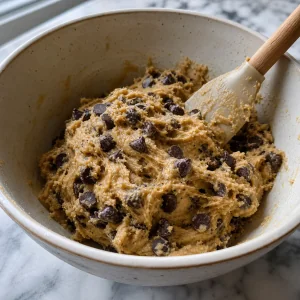 Dicker veganer Cookieteig mit dunklen Schokotropfen