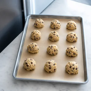 Zwölf portionierte Cookieteighäufchen zum Kühlen