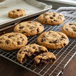 Warme Chocolate-Chip-Cookies kühlen auf einem Gitter ab