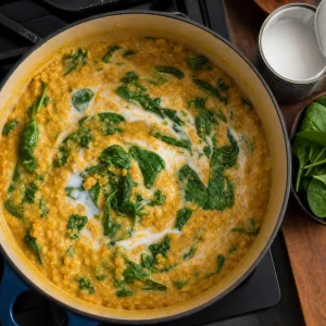 Lait de coco et epinards frais melanges dans un dal de lentilles dore cremeux