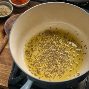 Graines de cumin qui gresillent dans l huile d olive dans une grande marmite