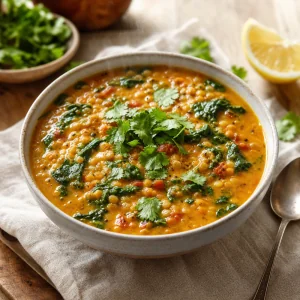 Finished vegan lentil dal and spinach soup with coconut milk cilantro and lemon