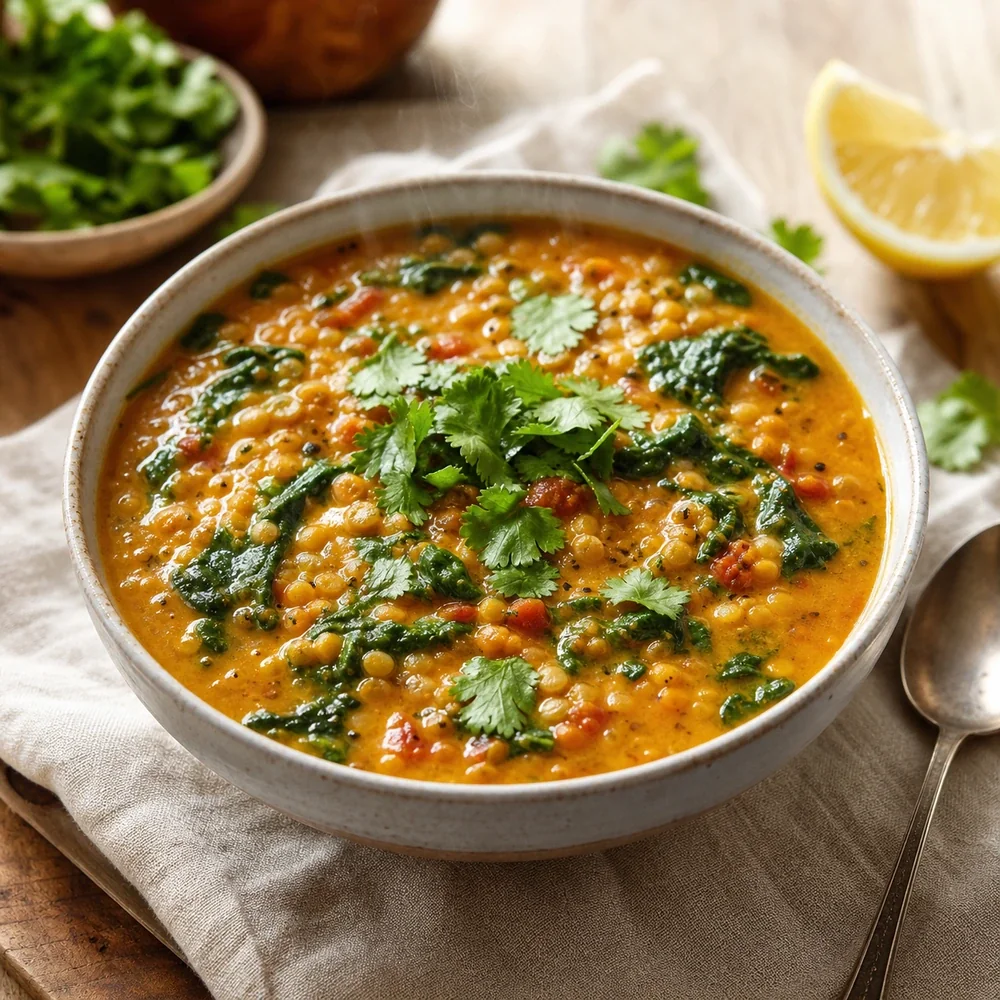 Soupe dal vegan aux lentilles et epinards terminee avec lait de coco coriandre et citron