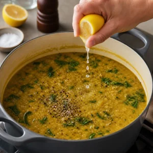 Jus de citron frais sel marin et poivre noir ajoutes a la soupe lentilles epinards
